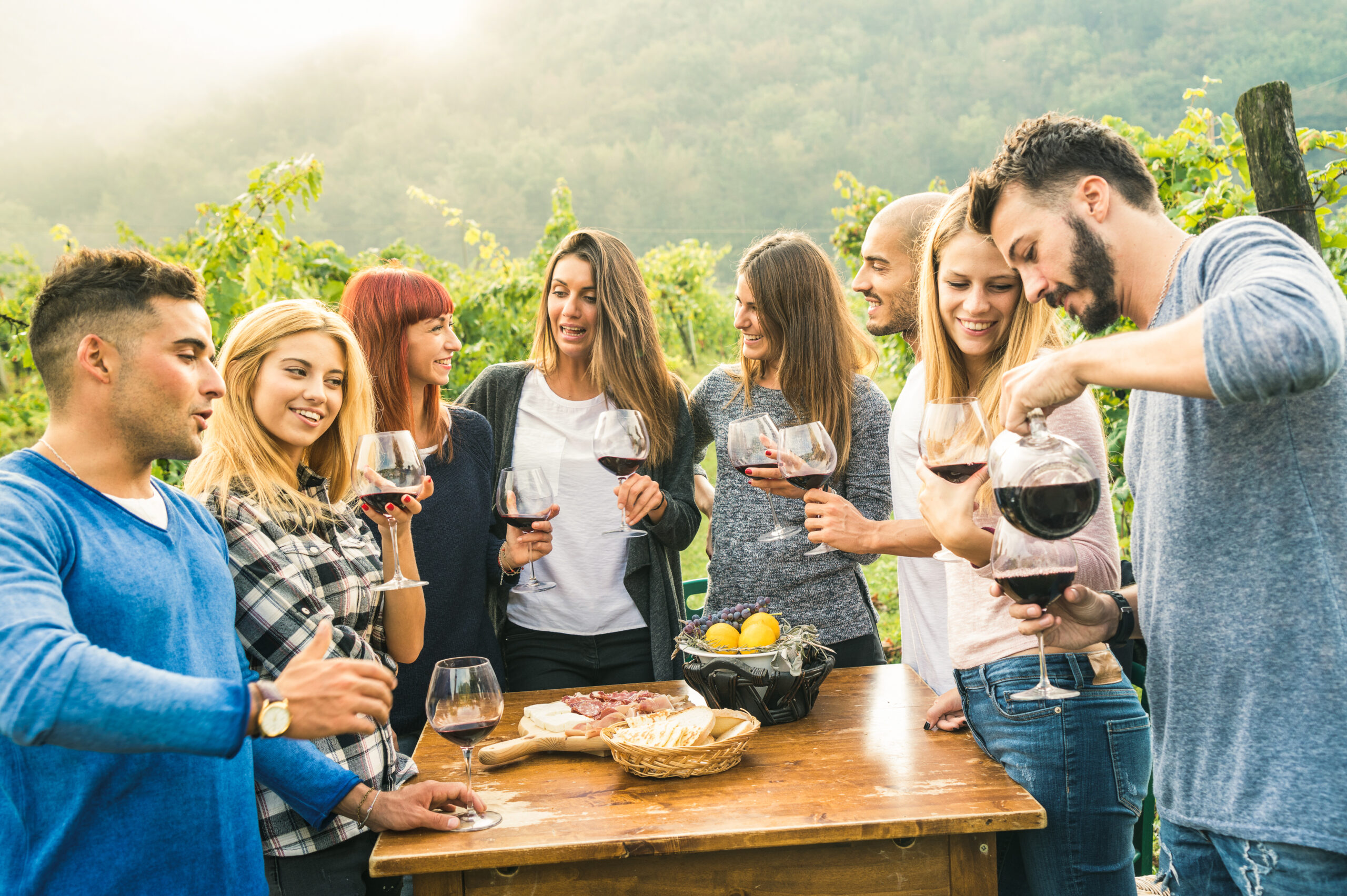 Group Of Happy Friends Having Fun Outdoors Drinking Red Wine