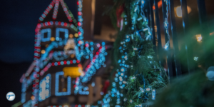 Festive holiday lights adorning a building and greenery, capturing the magic of holiday light tours and holiday events in a beautifully lit evening setting.