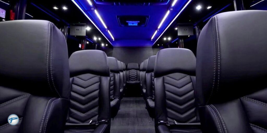 Luxurious black leather seats inside a modern group transportation vehicle, ideal for large group travel with Peak Limo.