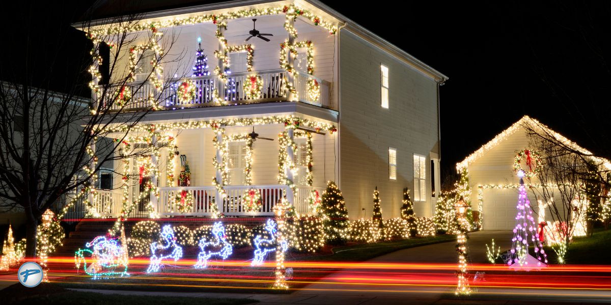 Brightly lit McAdenville home and yard featuring reindeer, garlands, and holiday lights, part of Charlotte’s holiday lights tour.
