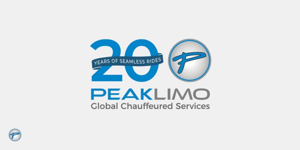 Peak Limo's commemorative logo celebrating 20 years of seamless service.